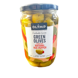OLYMP Oliven grün gefüllt mit Peperoni 720gr (Glas)