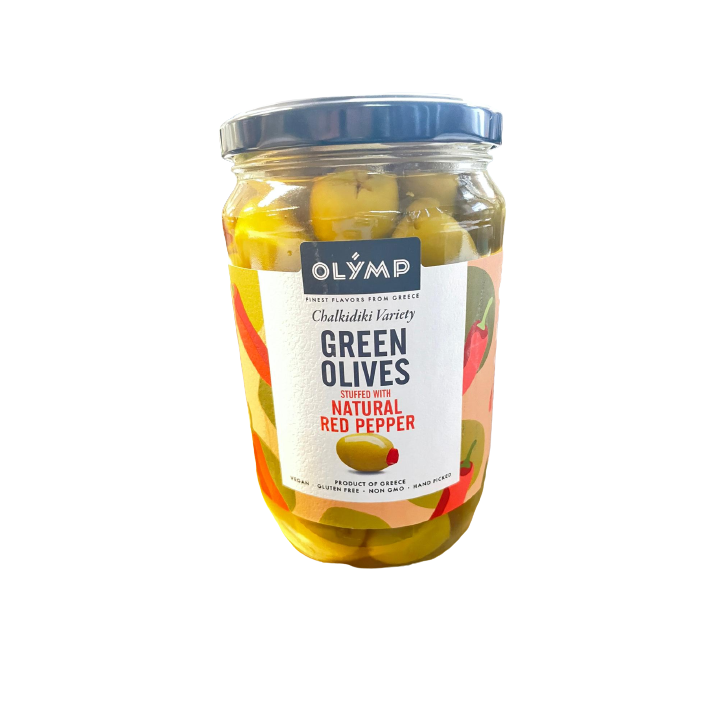 OLYMP Oliven grün gefüllt mit Peperoni 720gr (Glas)