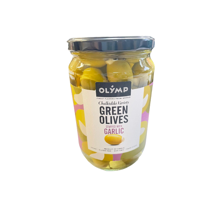 OLYMP Oliven grün gefüllt mit Knoblauch 720gr (Glas)