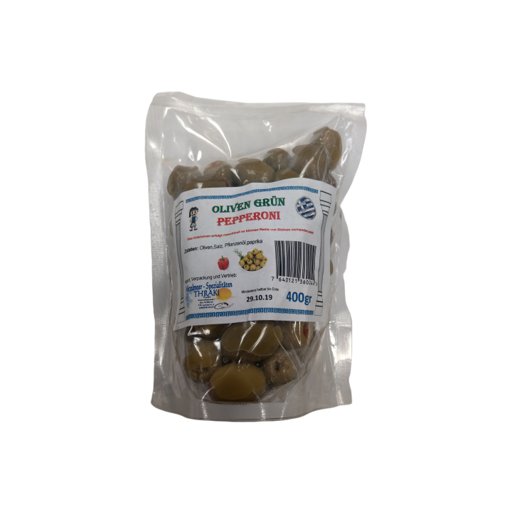 Thraki Oliven Grün mit Peperoni 400gr